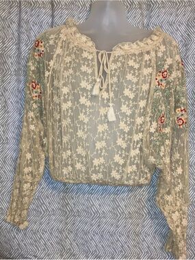 FREE PEOPLE Ivory Jubilee Floral Embroidered Mesh Top M
